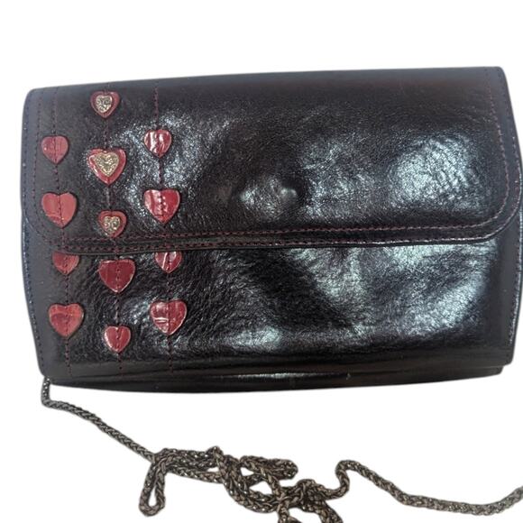 Brighton Black Leather Clutch Crossbody Red Hearts Chain Strap Vintage - Picture 1 of 5